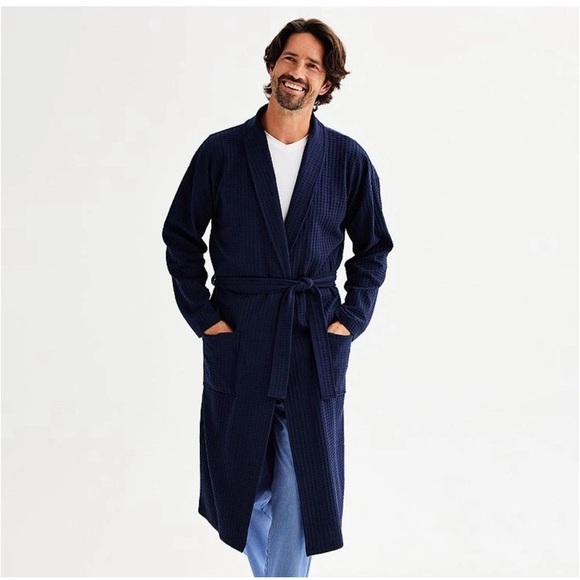 Sonoma Goods For Life Sleepwear Waffle Texture Robe Navy Blue L/XL Front Pockets - Picture 4 of 4